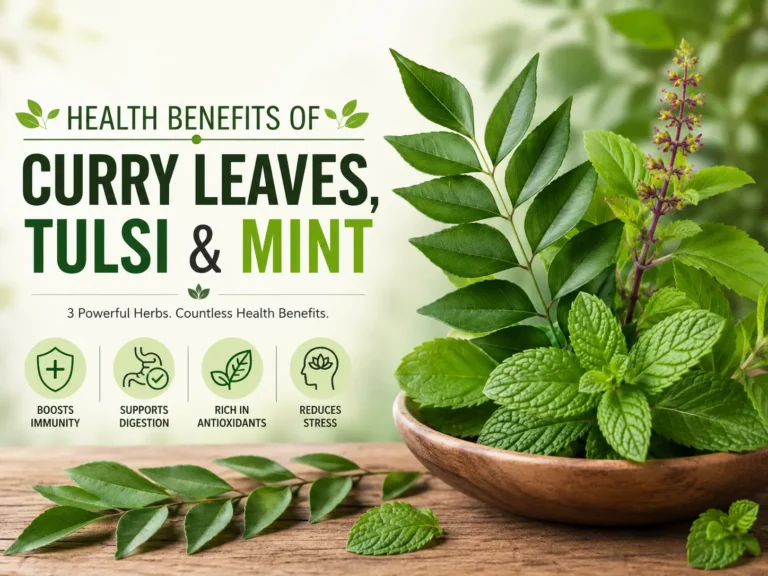 Fresh curry leaves, tulsi and mint herbs from a home garden