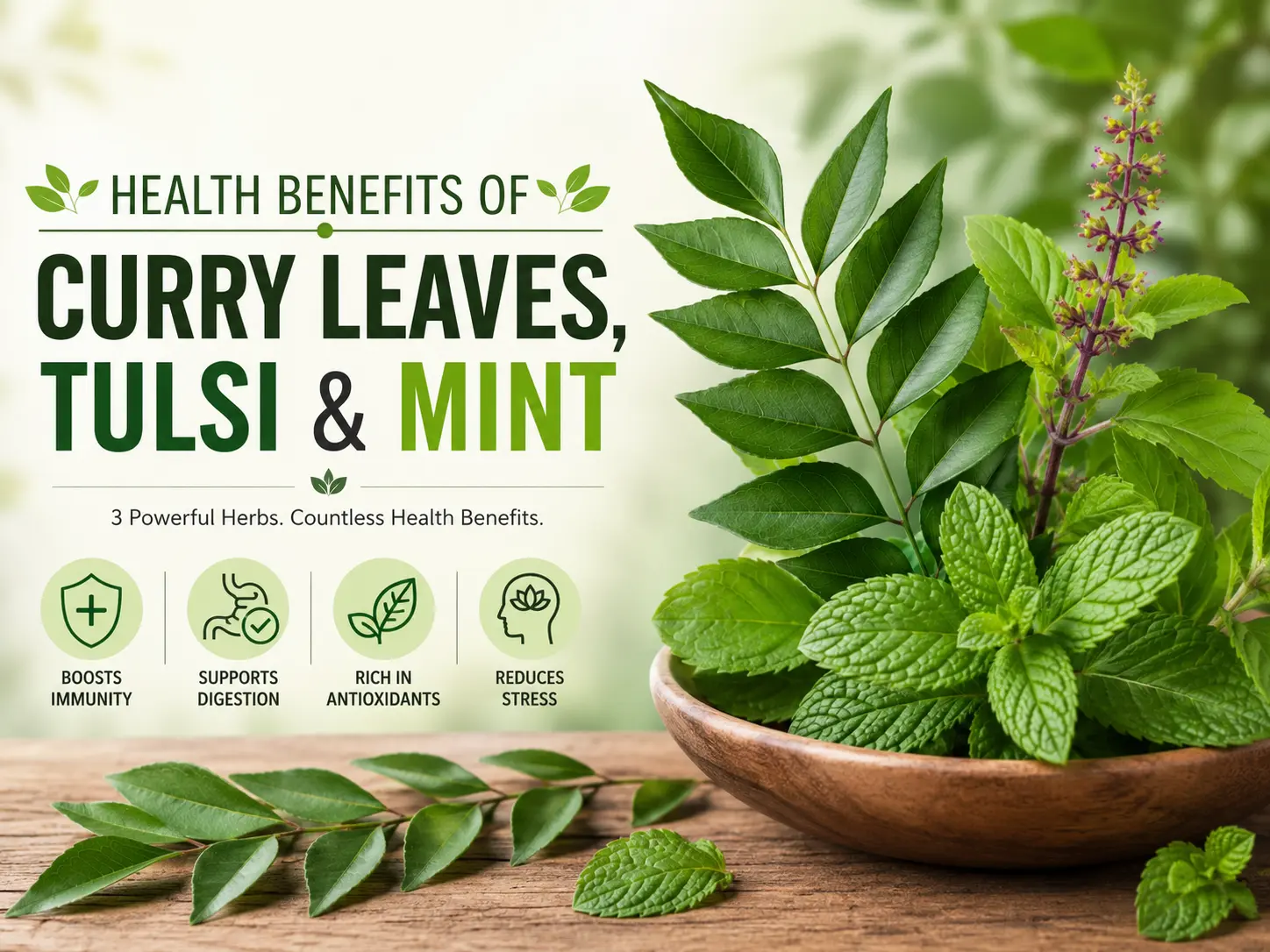 Fresh curry leaves, tulsi and mint herbs from a home garden