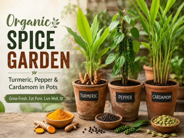 Turmeric, black pepper vine and cardamom plants growing in pots in a home spice garden