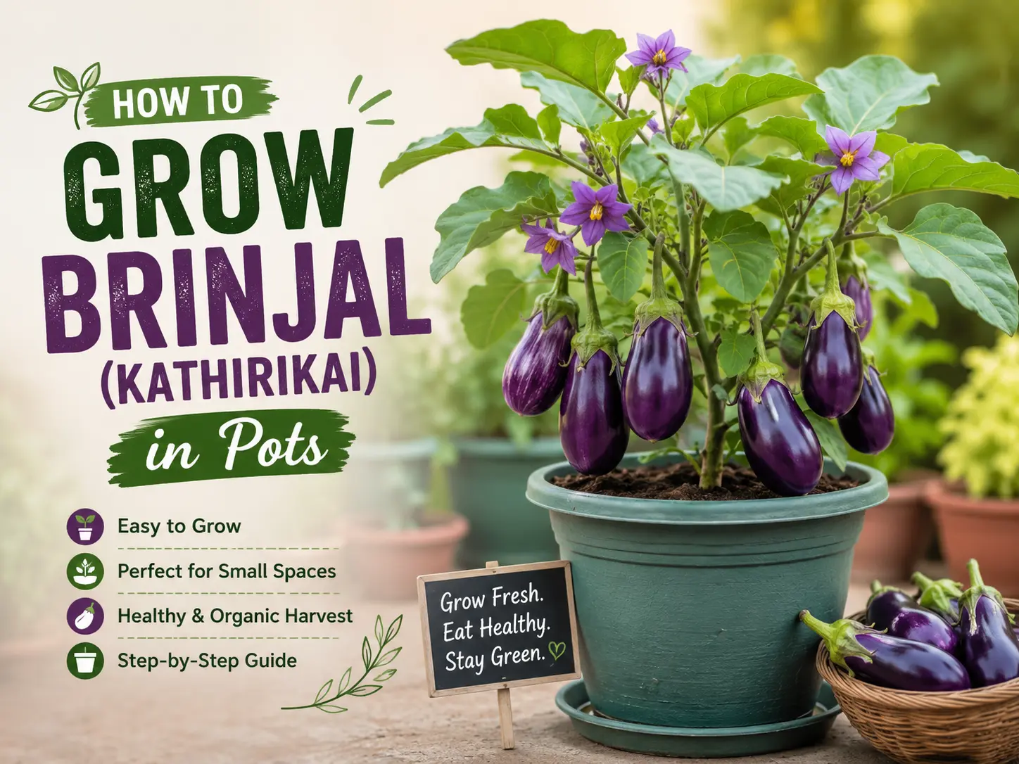 Healthy brinjal (kathirikai) plant with purple fruits growing in a pot