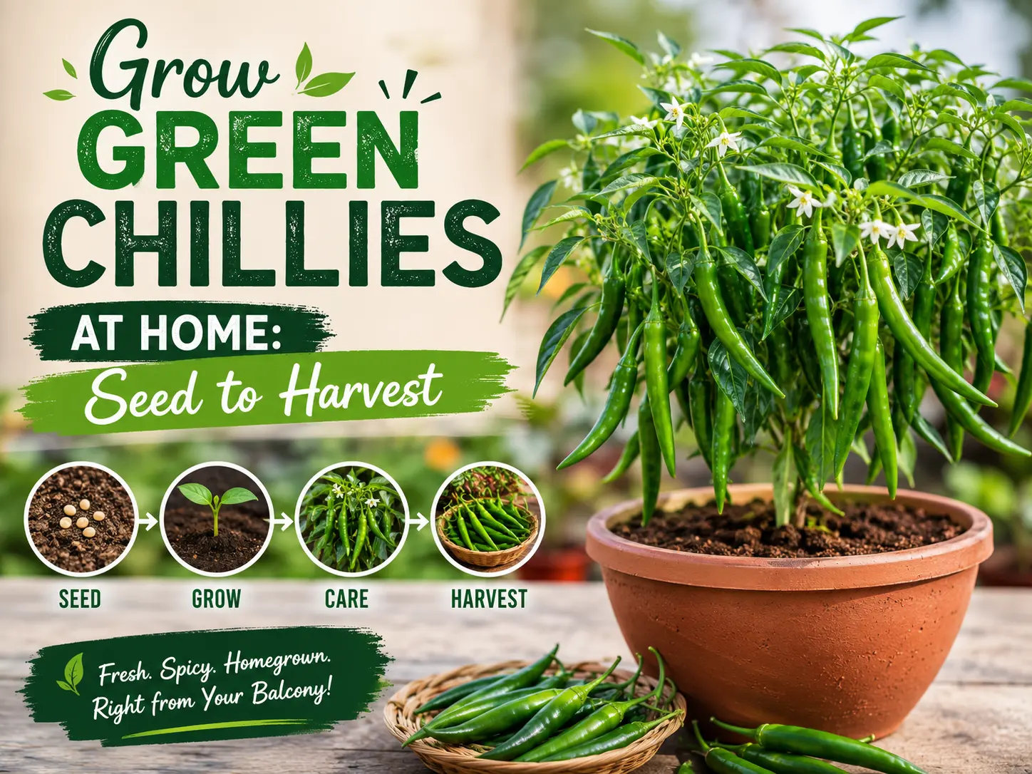 Green chilli plant loaded with fresh chillies in a pot on a terrace