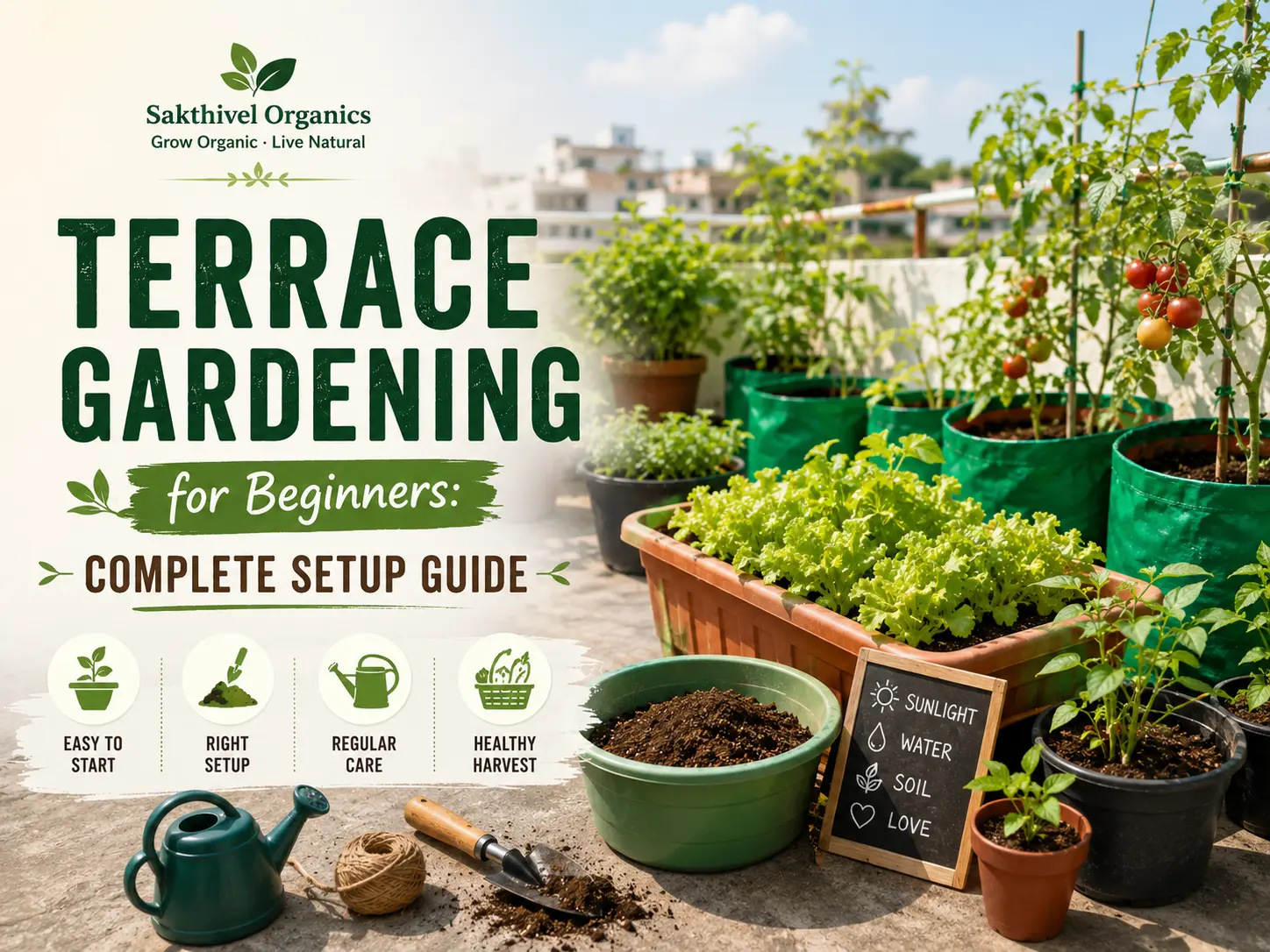 A lush beginner terrace garden with vegetables in grow bags and pots