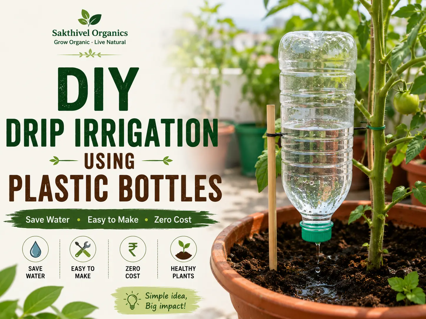 DIY drip irrigation using an inverted plastic bottle watering a potted plant