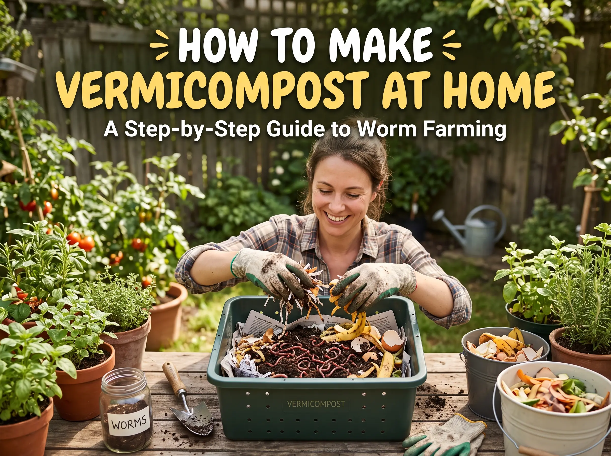 Hands holding rich dark vermicompost made by earthworms in a home worm bin