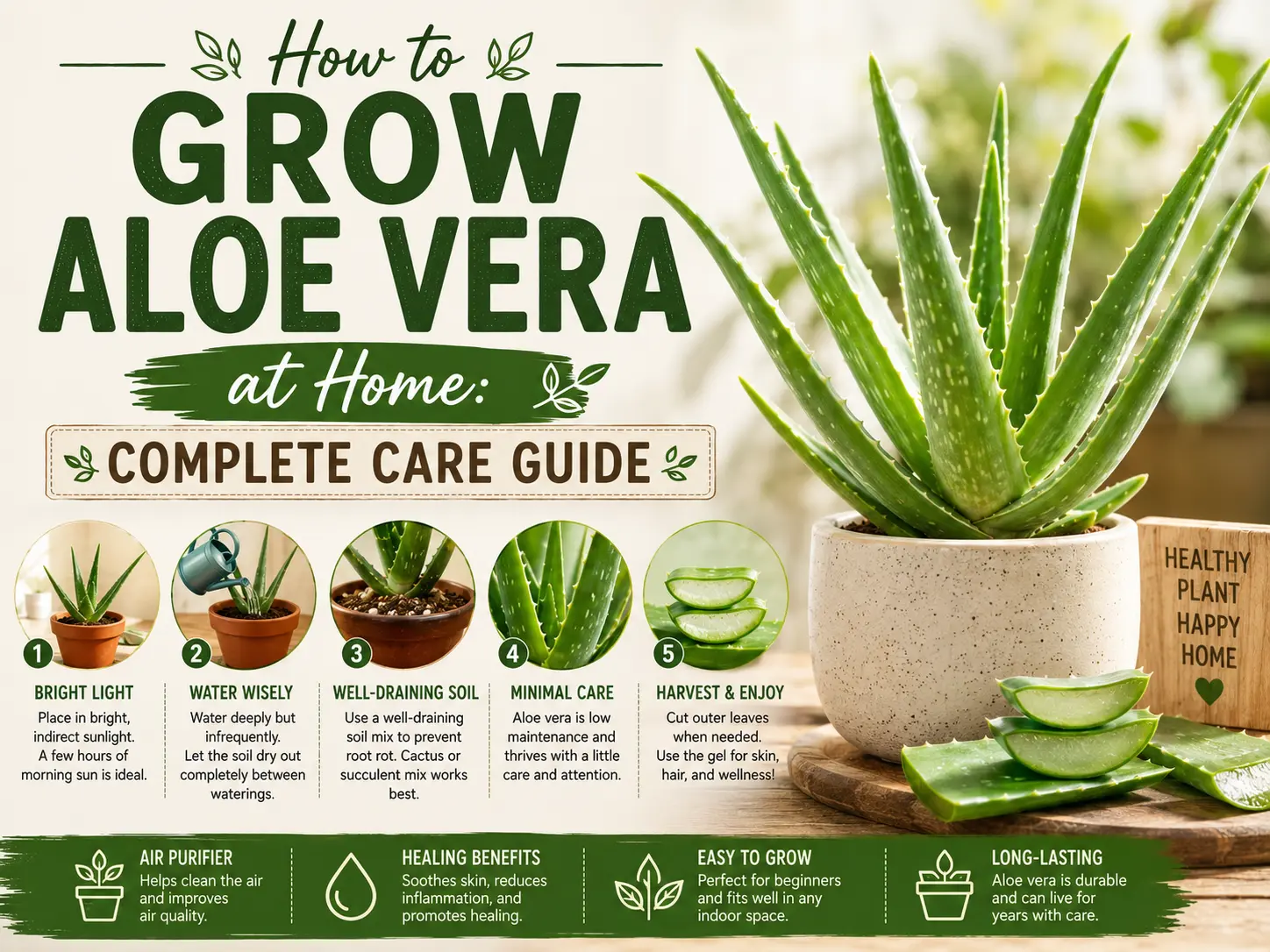 Healthy aloe vera plant with thick green leaves growing in a terracotta pot at home