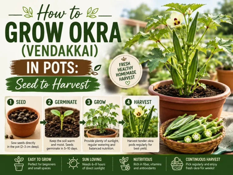 Healthy okra (vendakkai) plant with green pods growing in a pot on a Tamil Nadu terrace