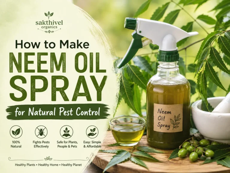 Spray bottle of homemade neem oil solution next to a healthy green plant