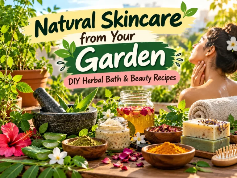 Aloe vera, butterfly pea flowers and herbs arranged for DIY natural skincare at home