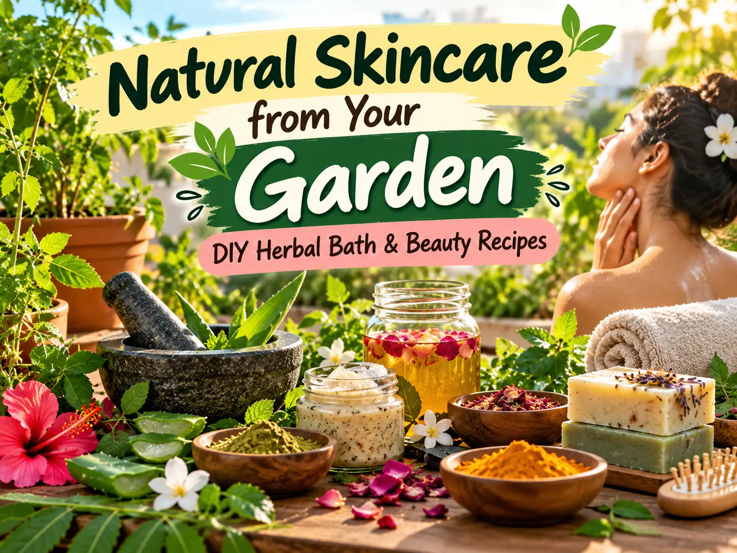Aloe vera, butterfly pea flowers and herbs arranged for DIY natural skincare at home