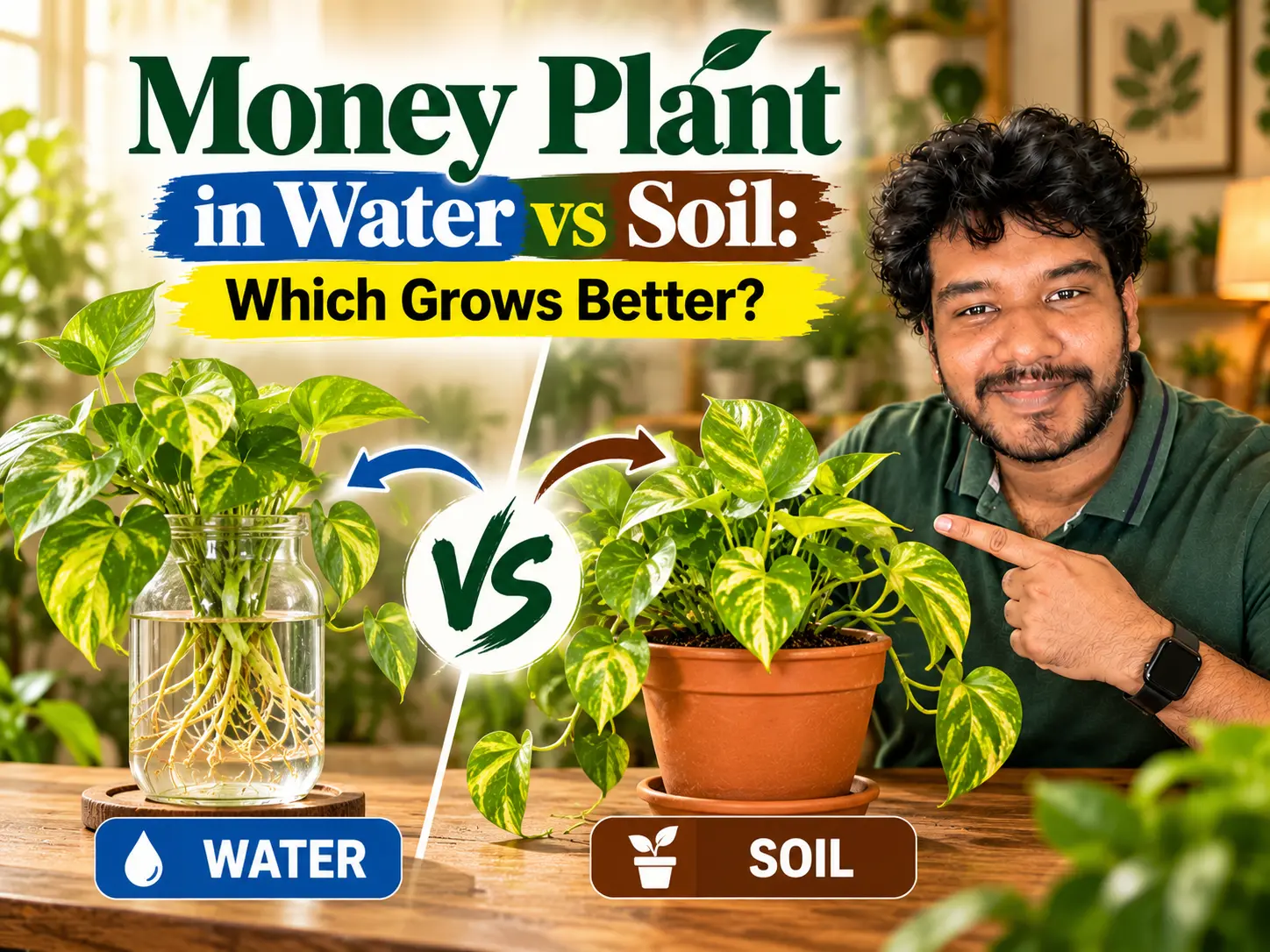 Money plant cuttings in a glass bottle beside a money plant in a pot